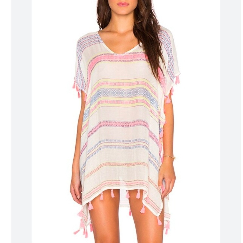 Surf Gypsy Women's Cover Up Tunic Size L White Neon Tassel Boho Beach resortwear